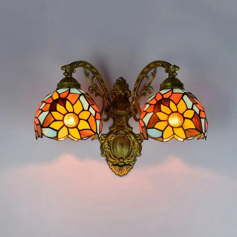 Outdoor Sconces Tiffany Sunflower Stained Glass Double Head Wall Light - CTL