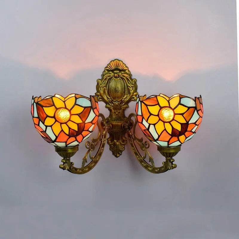 Outdoor Sconces Tiffany Sunflower Stained Glass Double Head Wall Light - CTL