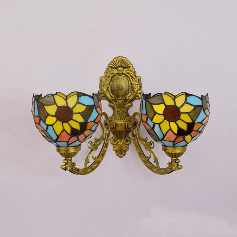 Outdoor Sconces Tiffany Sunflower Stained Glass Double Head Wall Light - CTL