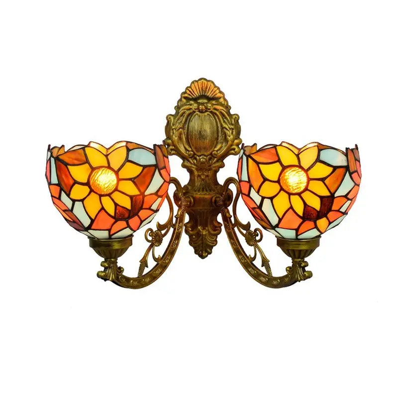 Outdoor Sconces Tiffany Sunflower Stained Glass Double Head Wall Light - CTL