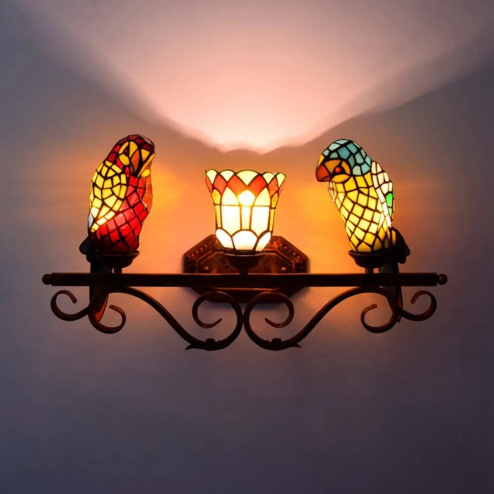 Stained Glass Parrot Lamp Vintage Tiffany Three Head Wall Sconce - CTL