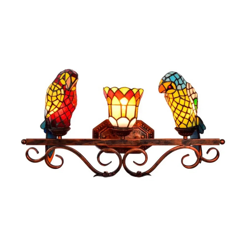 Stained Glass Parrot Lamp Vintage Tiffany Three Head Wall Sconce - CTL