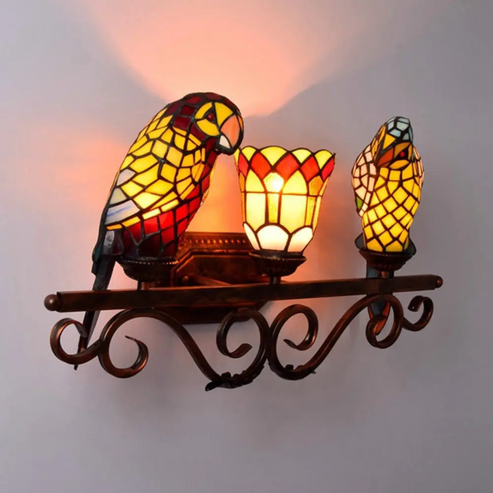 Stained Glass Parrot Lamp Vintage Tiffany Three Head Wall Sconce - CTL