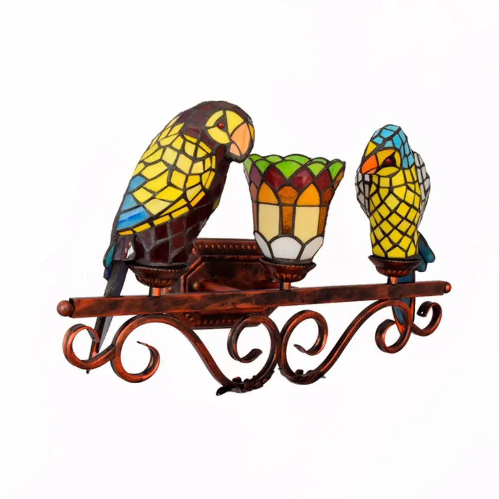 Stained Glass Parrot Lamp Vintage Tiffany Three Head Wall Sconce - CTL