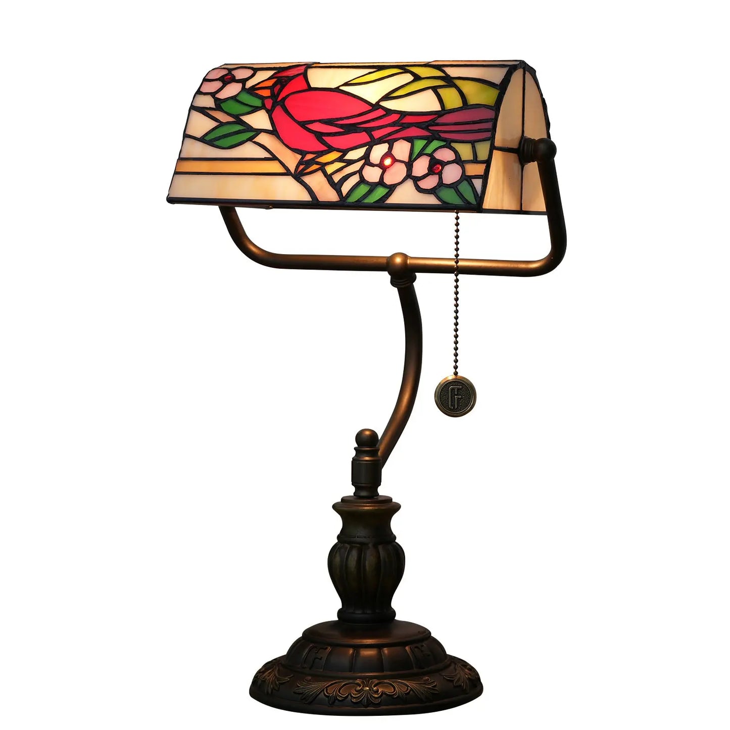 Vintage Stained Glass Cardinal Bird Lampshade Tiffany Bankers Desk Lamp Bedside Light - CTL