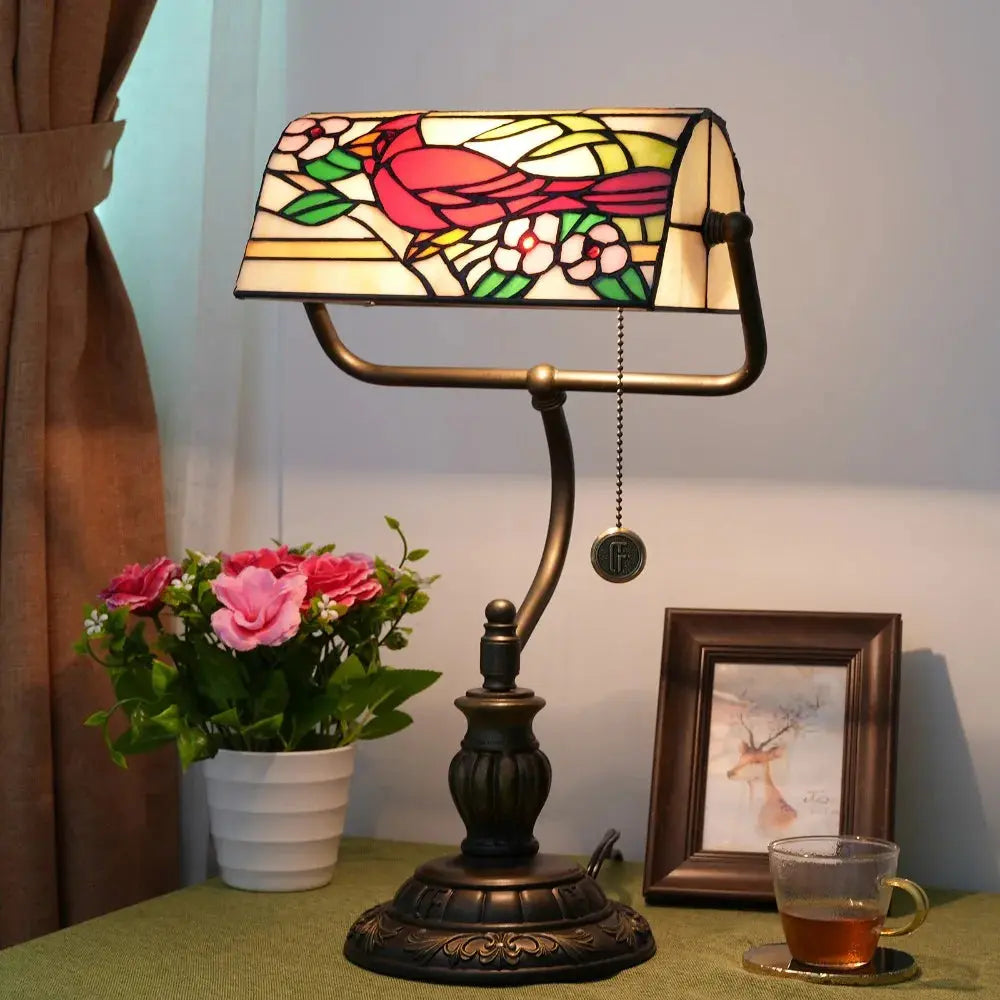 Vintage Stained Glass Cardinal Bird Lampshade Tiffany Bankers Desk Lamp Bedside Light - CTL