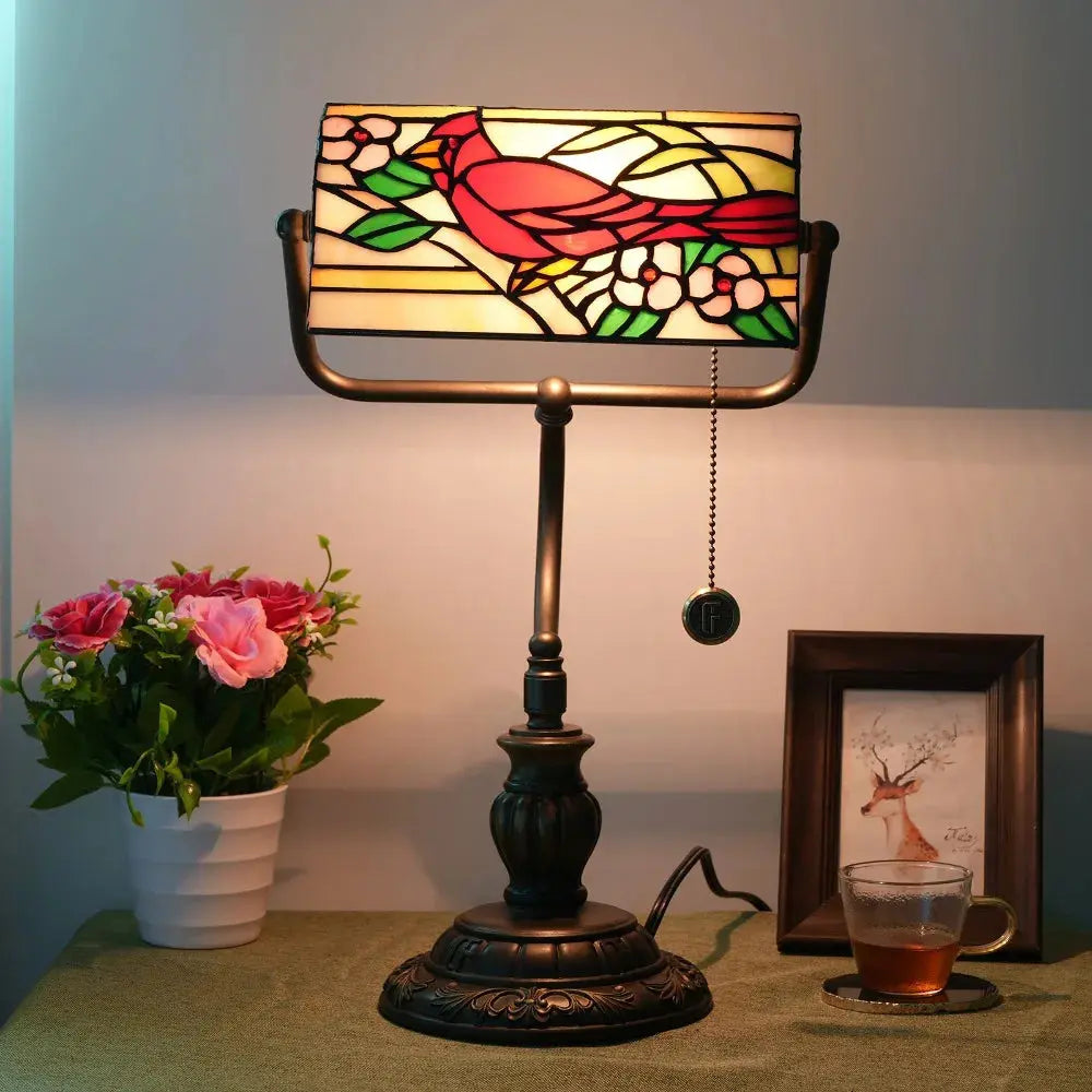 Vintage Stained Glass Cardinal Bird Lampshade Tiffany Bankers Desk Lamp Bedside Light - CTL