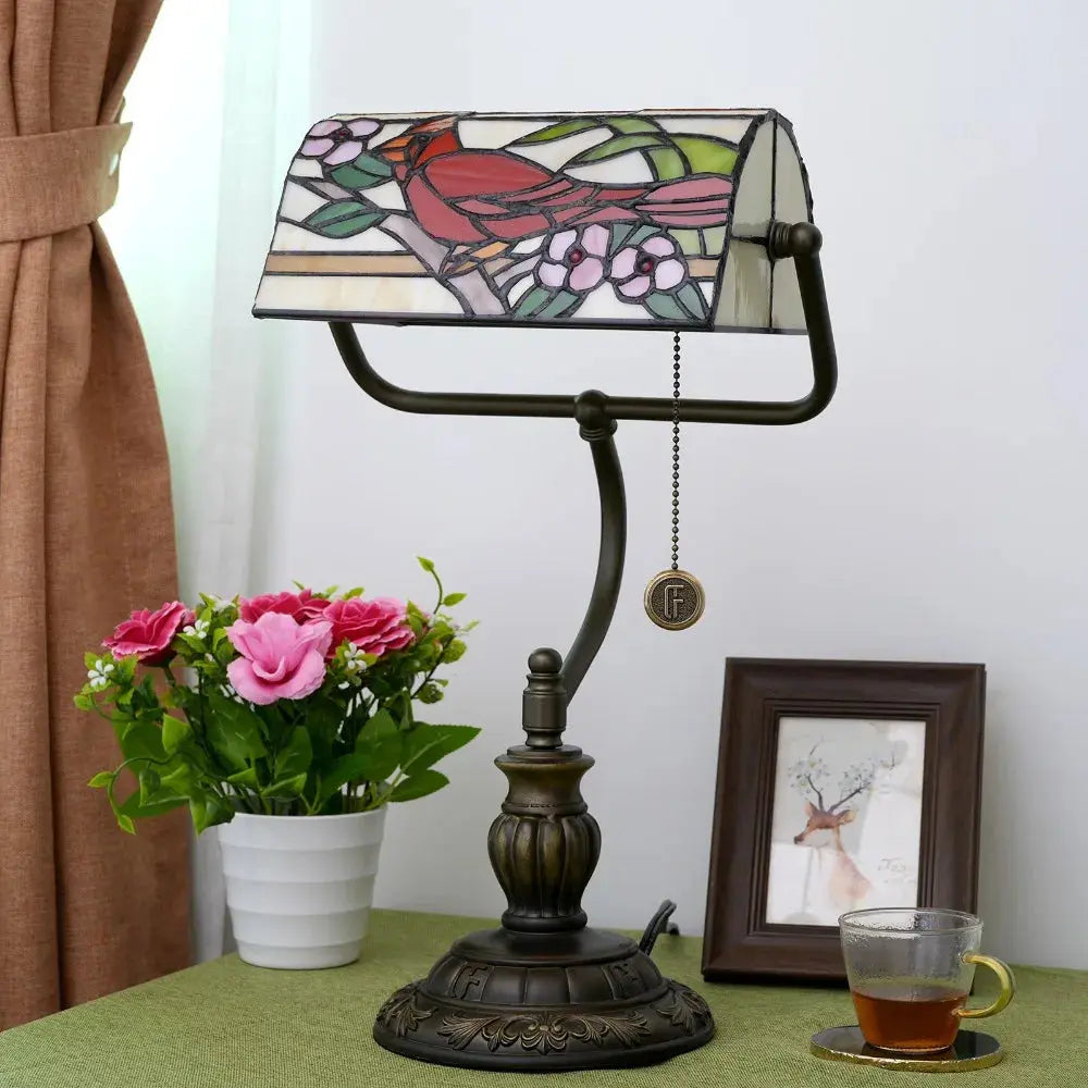 Vintage Stained Glass Cardinal Bird Lampshade Tiffany Bankers Desk Lamp Bedside Light - CTL