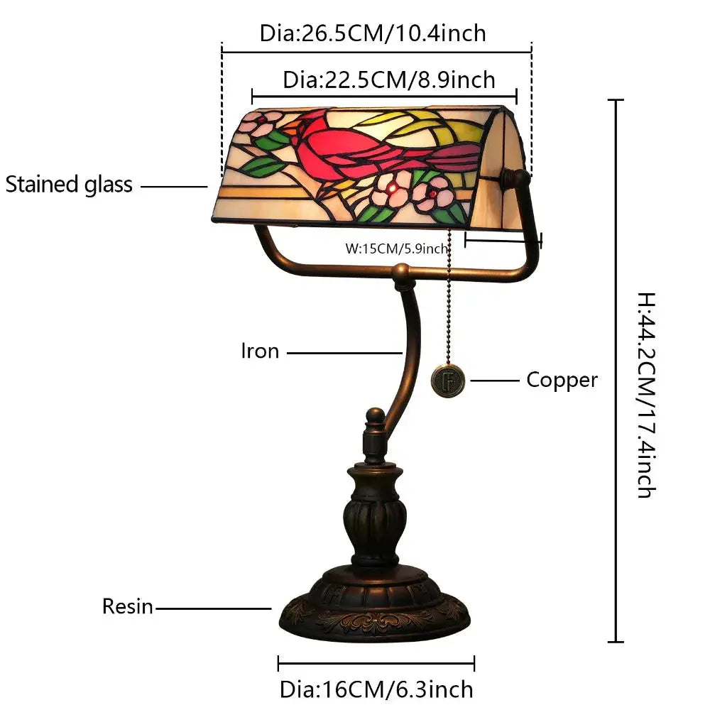 Vintage Stained Glass Cardinal Bird Lampshade Tiffany Bankers Desk Lamp Bedside Light - CTL