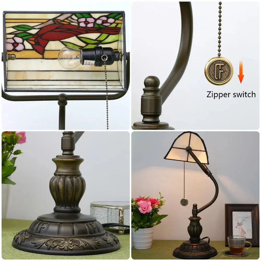 Vintage Stained Glass Cardinal Bird Lampshade Tiffany Bankers Desk Lamp Bedside Light - CTL