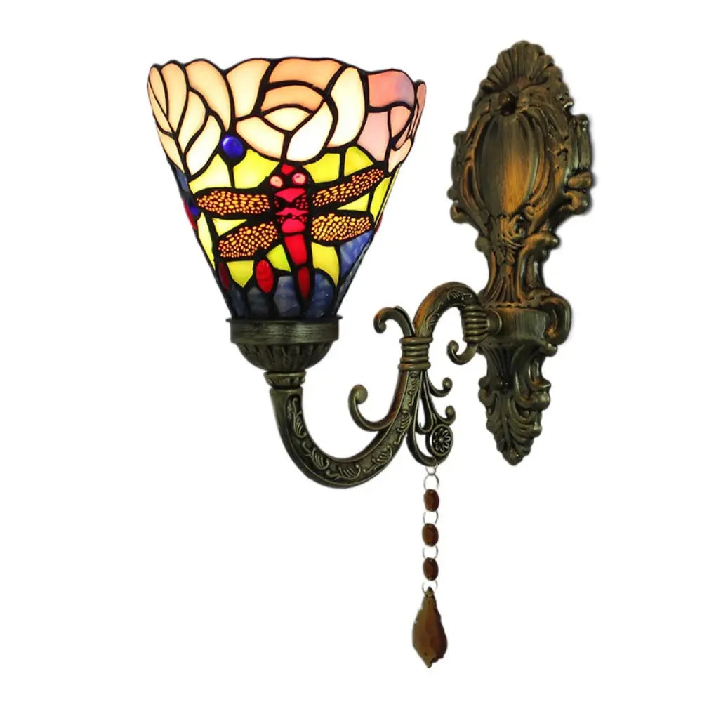 Vintage Stained Glass Dragonfly Flower Lampshade Tiffany Wall Sconces Lighting - CTL