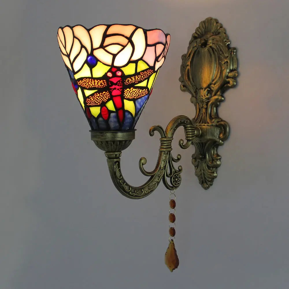 Vintage Stained Glass Dragonfly Flower Lampshade Tiffany Wall Sconces Lighting - CTL