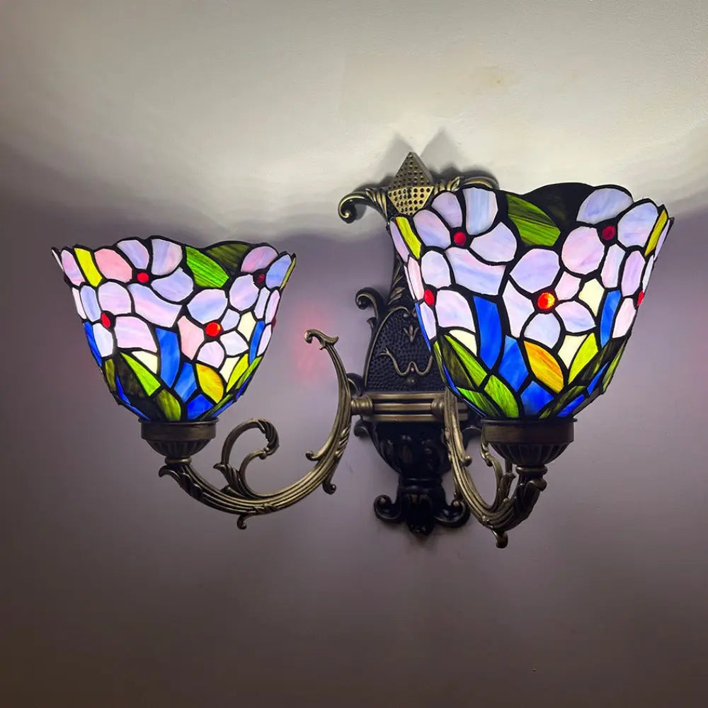 Vintage Stained Glass Flower Lampshade Purple Tiffany Lamp Double Head Wall Sconce - CTL