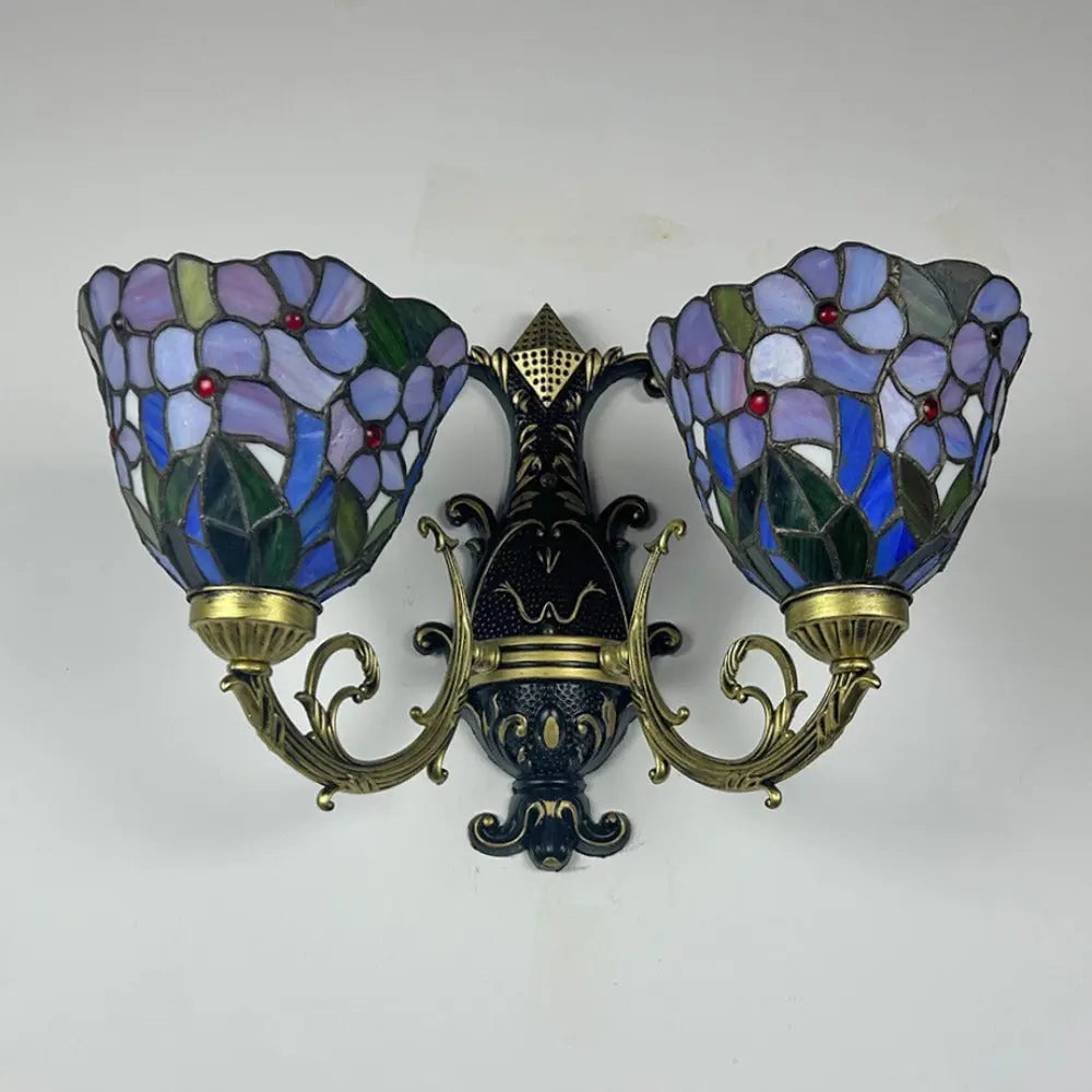 Vintage Stained Glass Flower Lampshade Purple Tiffany Lamp Double Head Wall Sconce - CTL