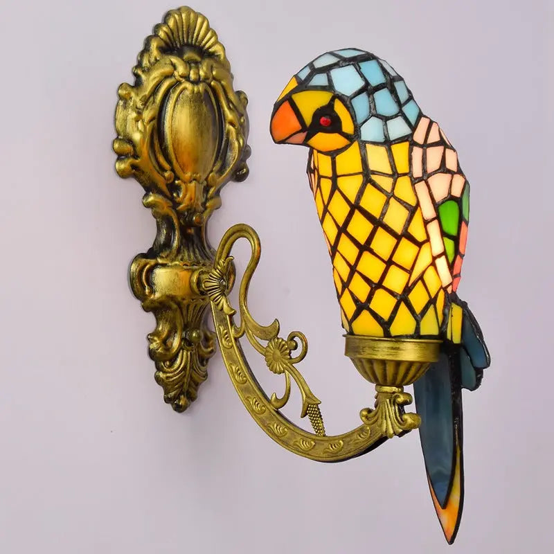 Vintage Stained Glass Yellow Parrot Lampshade Tiffany Style Wall Sconce - CTL