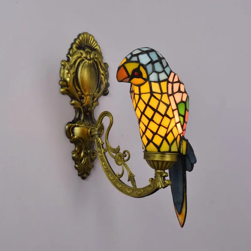 Vintage Stained Glass Yellow Parrot Lampshade Tiffany Style Wall Sconce - CTL