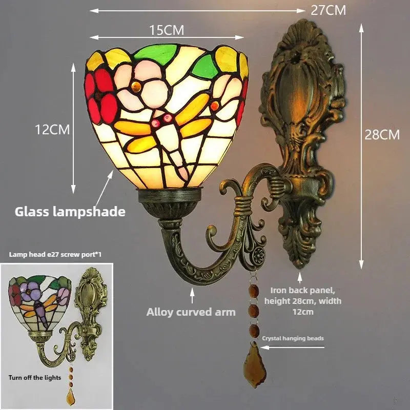 Vintage Stained Glass Pastoral Dragonfly Floral Lampshade Tiffany Wall Sconces Lighting - CTL