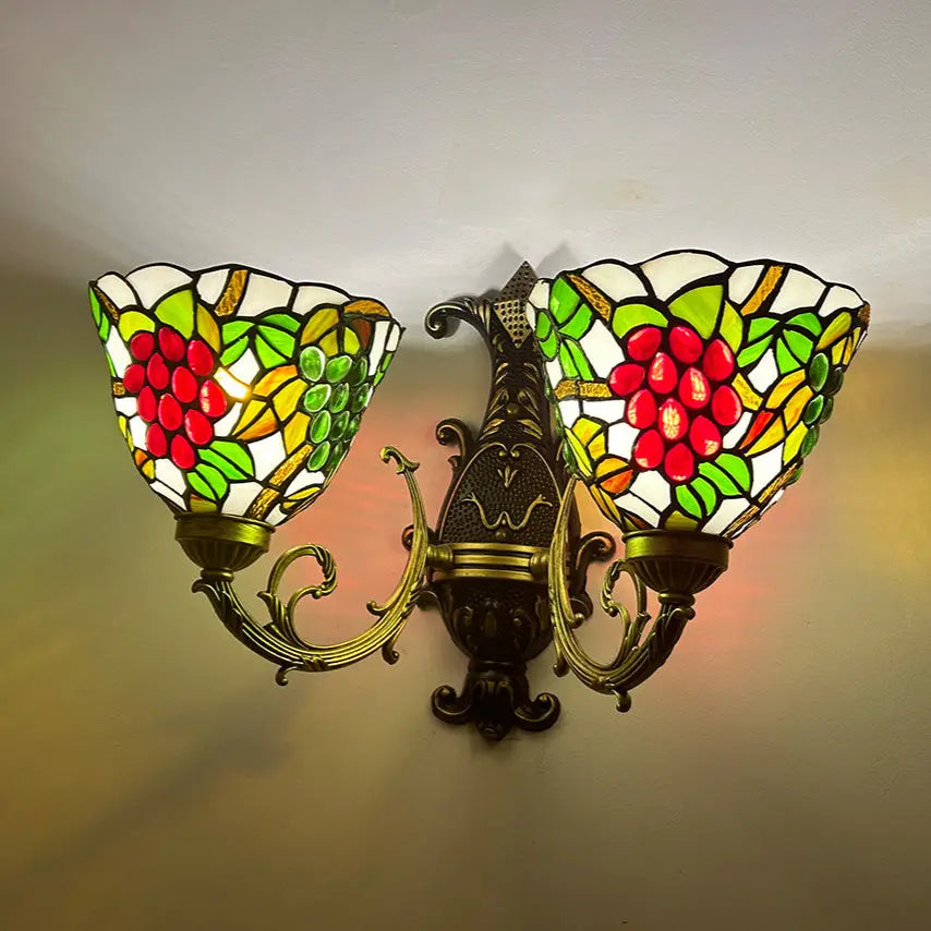 Two Light Wall Sconce Stained Glass Flower Tiffany Double Head Wall Lamps - CTL