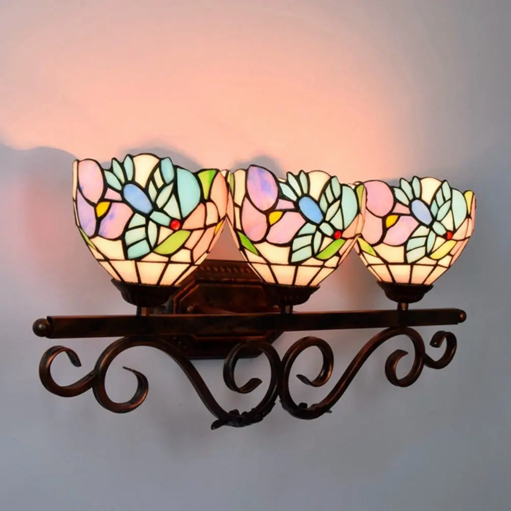 Vintage Stained Glass Flower Lampshade Tiffany Triple Arm Sconce - CTL