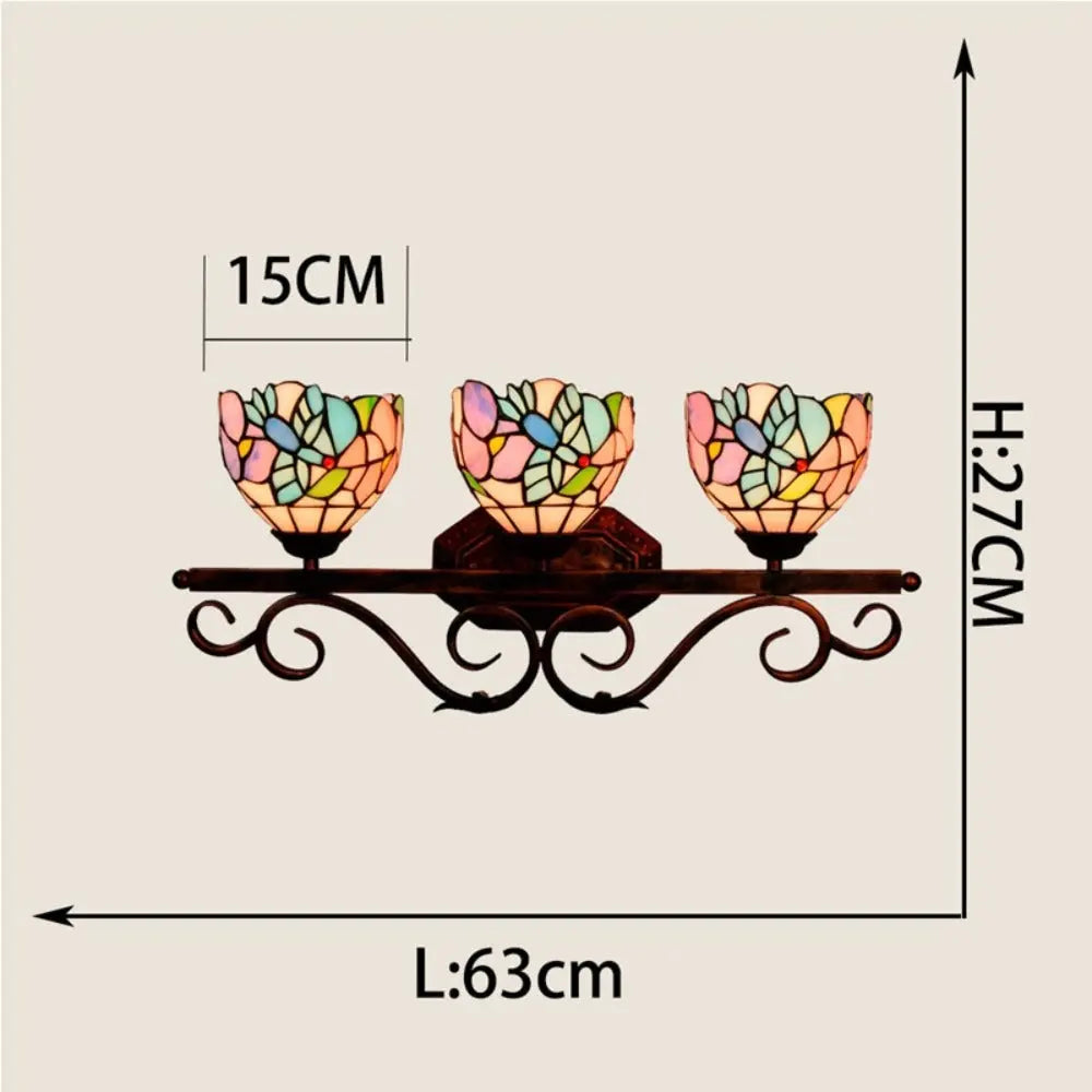 Vintage Stained Glass Flower Lampshade Tiffany Triple Arm Sconce - CTL