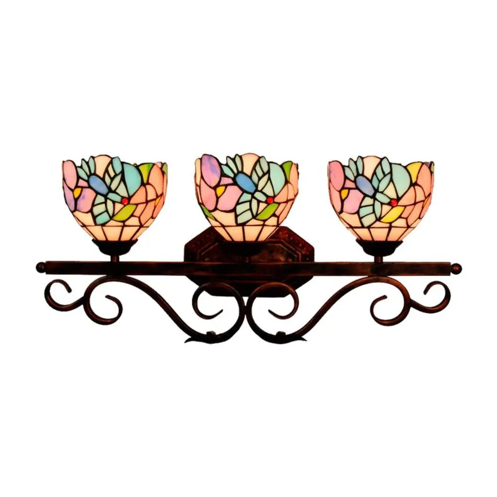 Vintage Stained Glass Flower Lampshade Tiffany Triple Arm Sconce - CTL
