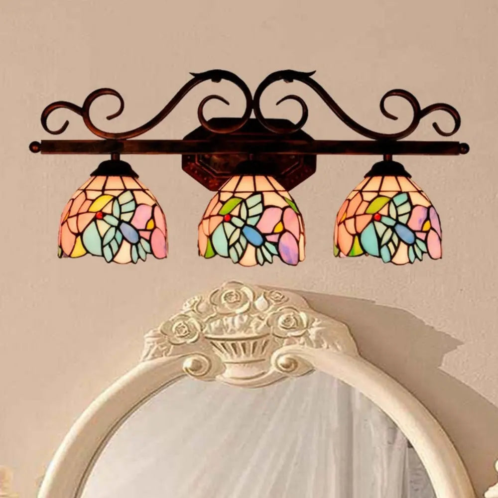 Vintage Stained Glass Flower Lampshade Tiffany Triple Arm Sconce - CTL