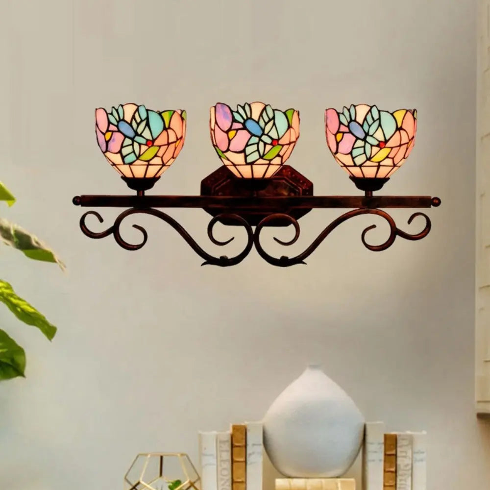 Vintage Stained Glass Flower Lampshade Tiffany Triple Arm Sconce - CTL