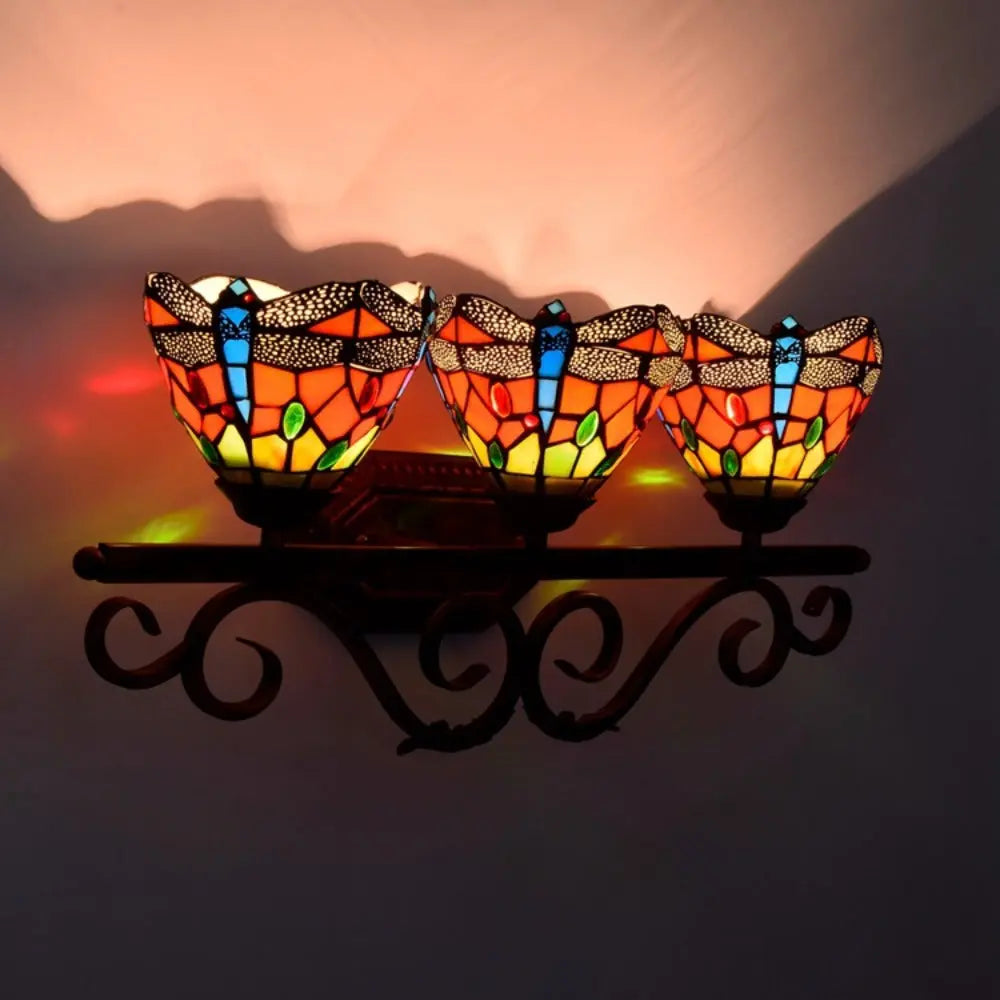 Triple Arm Sconce Vintage Stained Glass Red Dragonfly Tiffany Wall Light - CTL