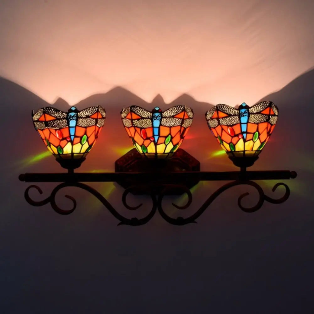 Triple Arm Sconce Vintage Stained Glass Red Dragonfly Tiffany Wall Light - CTL