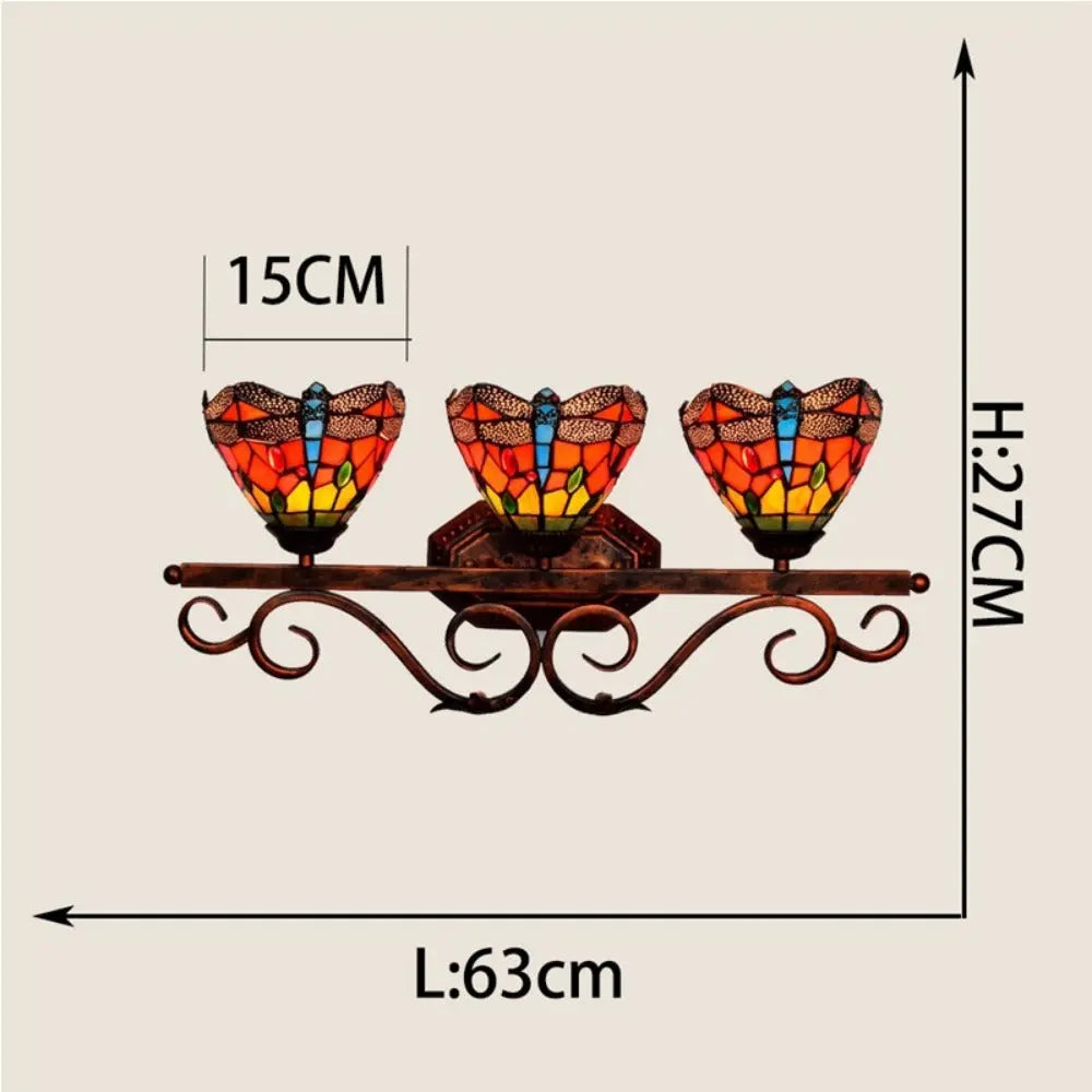 Triple Arm Sconce Vintage Stained Glass Red Dragonfly Tiffany Wall Light - CTL
