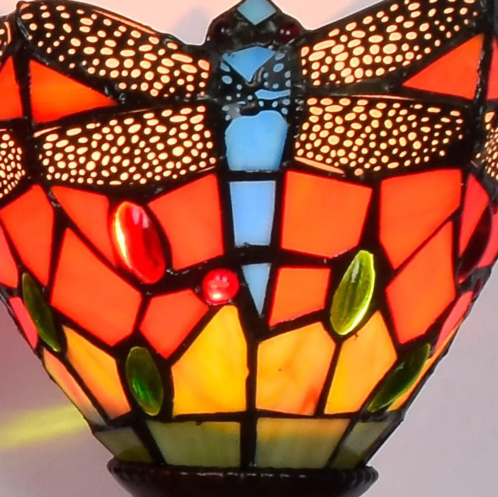 Triple Arm Sconce Vintage Stained Glass Red Dragonfly Tiffany Wall Light - CTL