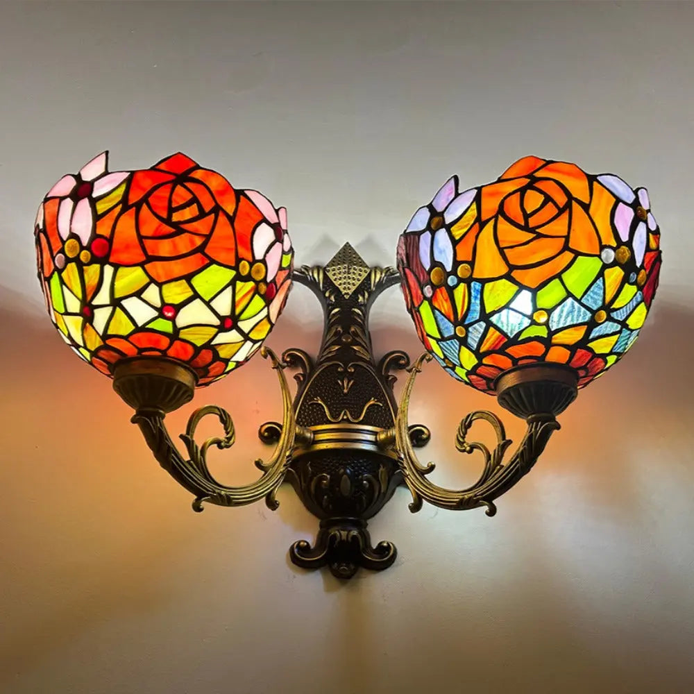 2 Light Sconce Vintage Stained Glass Rose Flower Lampshade Tiffany Wall Lamps - CTL