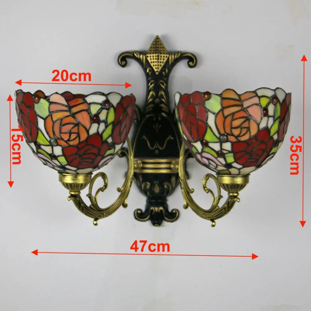 2 Light Sconce Vintage Stained Glass Rose Flower Lampshade Tiffany Wall Lamps - CTL
