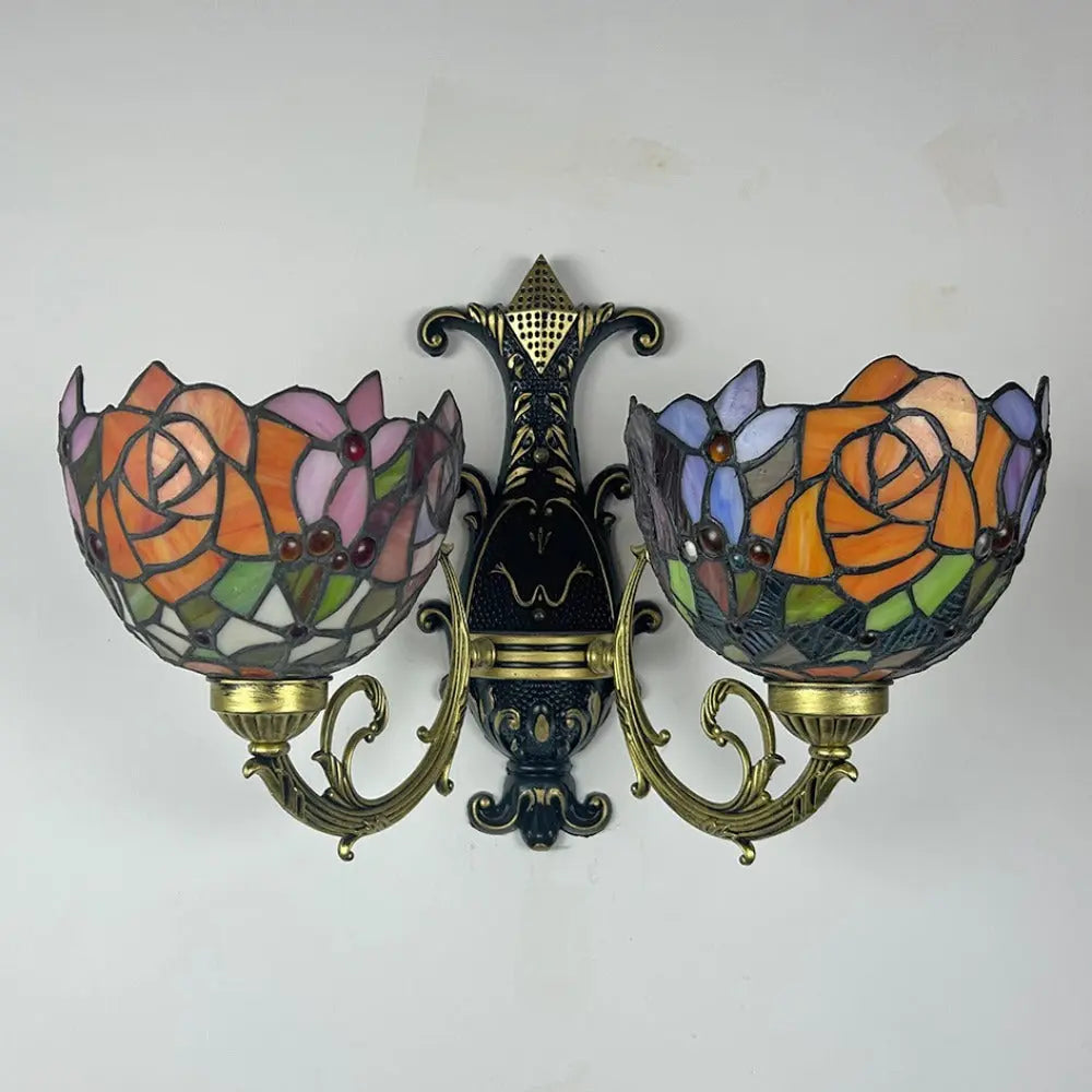 2 Light Sconce Vintage Stained Glass Rose Flower Lampshade Tiffany Wall Lamps - CTL