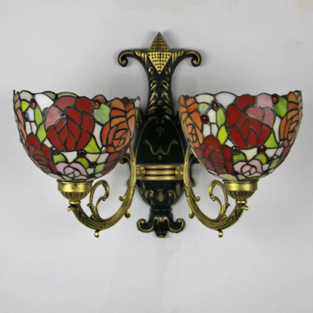 2 Light Sconce Vintage Stained Glass Rose Flower Lampshade Tiffany Wall Lamps - CTL