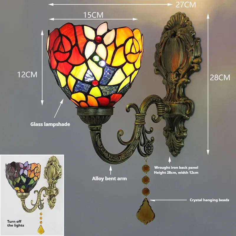 Vintage Stained Glass Rose Lampshade Wall Lamp Tiffany Sconce Light Fixtures - CTL