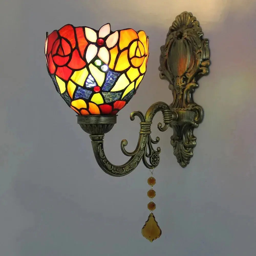 Vintage Stained Glass Rose Lampshade Wall Lamp Tiffany Sconce Light Fixtures - CTL