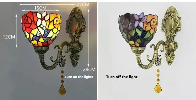 Vintage Stained Glass Rose Lampshade Wall Lamp Tiffany Sconce Light Fixtures - CTL