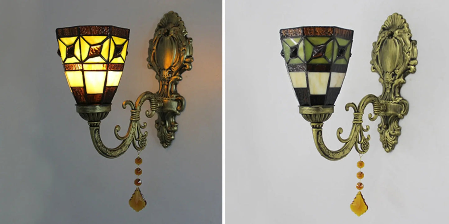 Vintage Stained Glass Simple Floral Lampshade Wall Lamp Tiffany Sconce - CTL