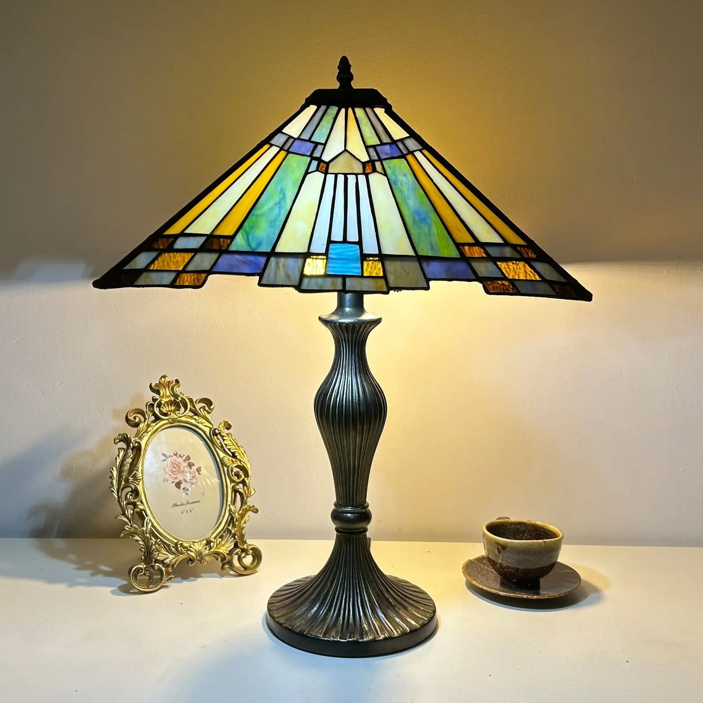 Vintage Stained Glass Square Floral Lamphade Antique Tiffany Table Lamp