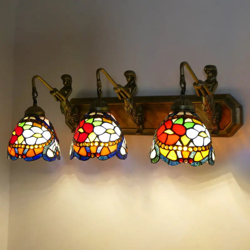 3 Light Wall Sconce Wall Lamp with Tiffany Stained Glass Bead Rose Lampshade - CTL