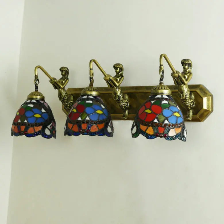 3 Light Wall Sconce Wall Lamp with Tiffany Stained Glass Bead Rose Lampshade - CTL
