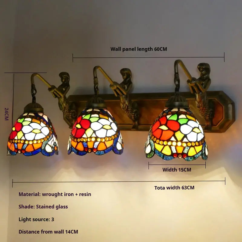 3 Light Wall Sconce Wall Lamp with Tiffany Stained Glass Bead Rose Lampshade - CTL