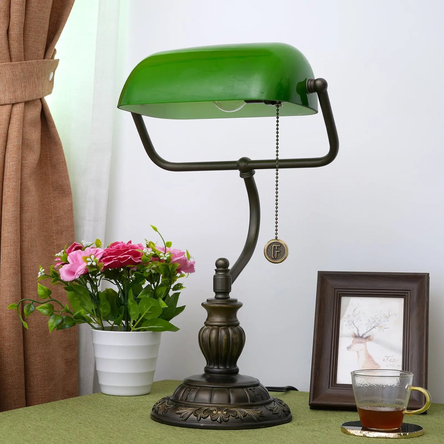 Vintage Tiffany Stained Glass Green Lampshade Retro Bankers Lamp Green Bedside Light - CTL