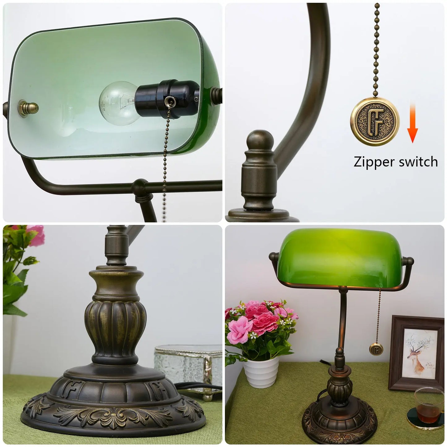 Vintage Tiffany Stained Glass Green Lampshade Retro Bankers Lamp Green Bedside Light - CTL