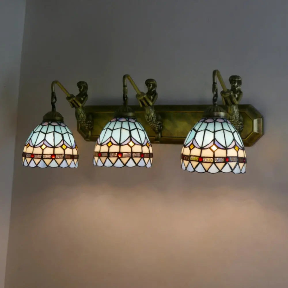 Tiffany Three Light Wall Sconce with Stained Glass Sea Blue Lampshade - CTL