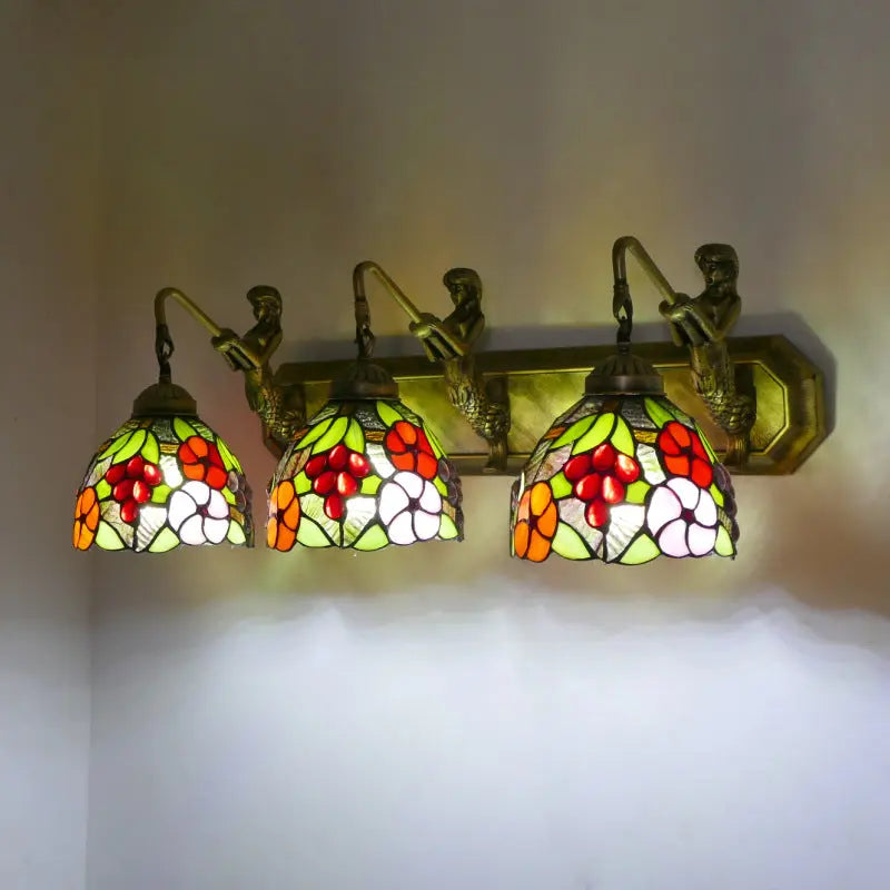 Vintage Stained Glass Pastoral Floral Flower Tiffany 3 Light Sconce - CTL