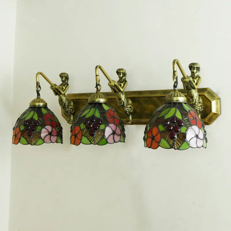 Vintage Stained Glass Pastoral Floral Flower Tiffany 3 Light Sconce - CTL