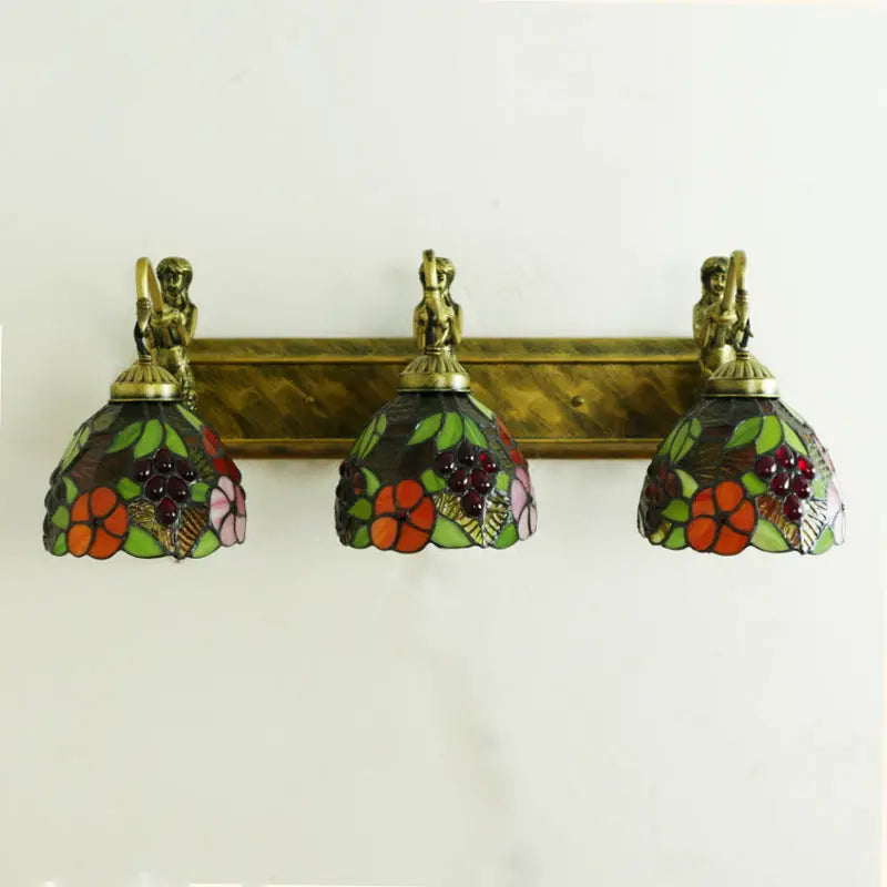 Vintage Stained Glass Pastoral Floral Flower Tiffany 3 Light Sconce - CTL