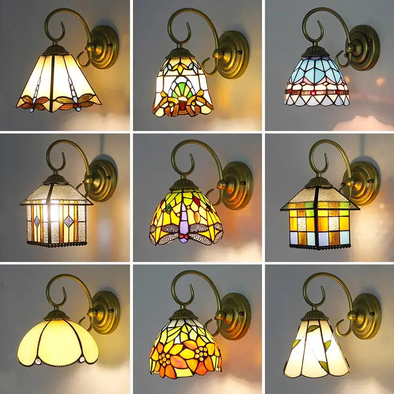 Vintage Stained Glass Pastoral Lampshade Small Tiffany Sconce Wall Lamp - CTL